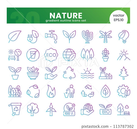 Nature Icons Bundle. Gradient outline icons style. Vector illustration. Nature Icons Bundle. Gradient outline icons style. Vector illustration. 113787302