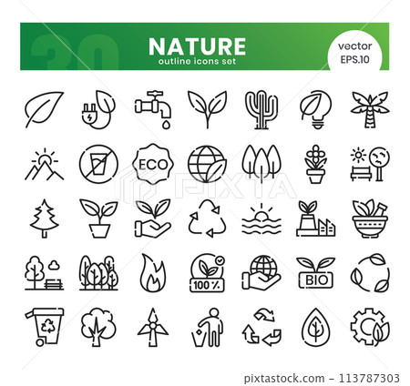 Nature Icons Bundle. Outline icons style. Vector illustration. 113787303