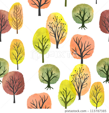 Seamless watercolor autumn trees pattern. Vector abstract autumn forest Seamless watercolor autumn trees pattern. Vector abstract autumn forest 113787385