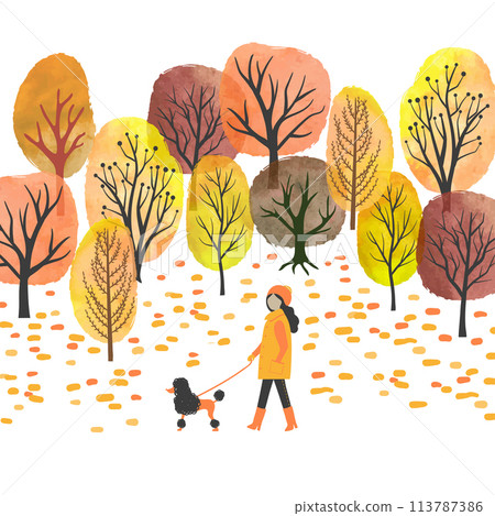 Autumn landscape.  Watercolor vector illustration of autumn park and woman walking with a dog 113787386