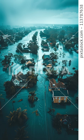 An aerial view displays hurricane devastation, flooded zones, wrecked structures, vast disaster coverage 113787638