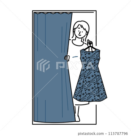 A woman coming out of a fitting room A woman coming out of a fitting room 113787796