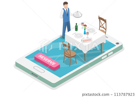 Table online reservation flat isometric  concept. 113787923