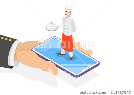 Flat isometric concept of table online reservation, mobile booking. Flat isometric concept of table online reservation, mobile booking. 113787947