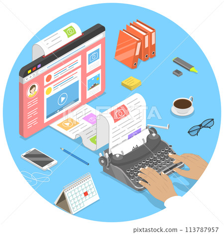 Isometric flat concept of creative business blogging. Isometric flat concept of creative business blogging. 113787957
