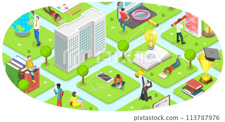 Flat Isometric  Concept of Campus Illustration. Flat Isometric  Concept of Campus Illustration. 113787976