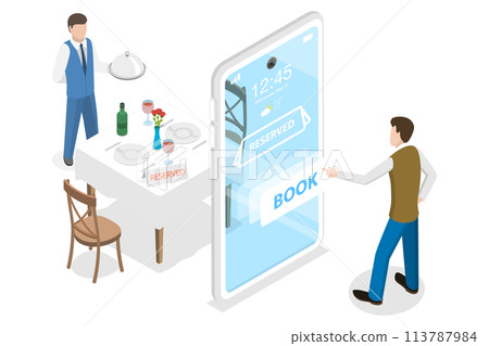 3D Isometric Flat Concept of, Restaurant and Cafe Online Food Order App. 3D Isometric Flat Concept of, Restaurant and Cafe Online Food Order App. 113787984