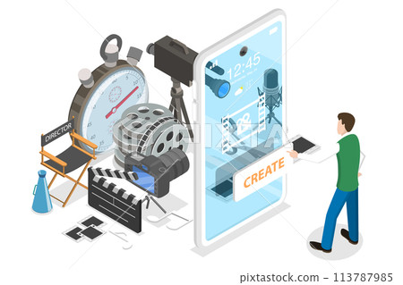 3D Isometric Flat Concept of Mobile Video Editing App. 3D Isometric Flat Concept of Mobile Video Editing App. 113787985