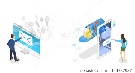 3D Isometric Flat Concept of Mobile Email Marketing. 3D Isometric Flat Concept of Mobile Email Marketing. 113787987