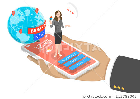 3D Isometric Flat  Concept of Online News App, Digital Worldwide Media. 113788005