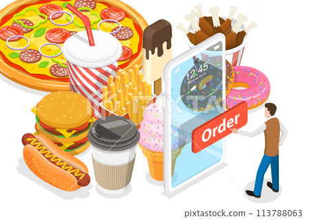 3D Isometric Flat  Conceptual Illustration of Food Mobile Booking. 113788063
