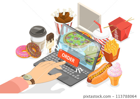 3D Isometric Flat  Conceptual Illustration Online Food Order App. 113788064