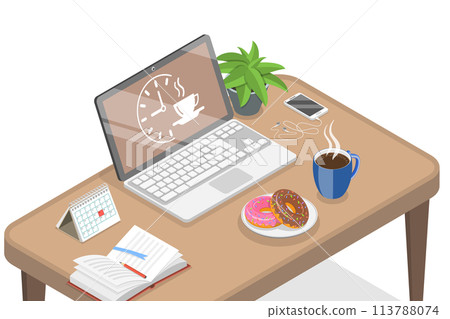 Coffee Break Working at Home, Taking a Pause During a Workday. 113788074