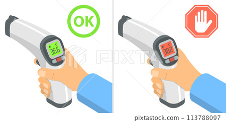 3D Isometric Flat Conceptual Illustration of Hand with Infrared Thermometer. 3D Isometric Flat Conceptual Illustration of Hand with Infrared Thermometer. 113788097