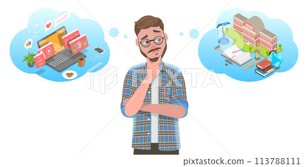 3D Isometric Flat  Conceptual Illustration of Online Learning vs Offline Learning. 113788111