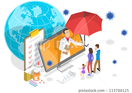 3D Isometric  Conceptual Illustration of Coronavirus Online Consultation. 113788125