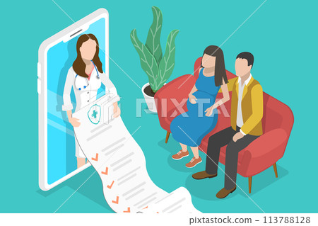 3D Isometric Flat Conceptual Illustration of Online Pregnancy Consultation. 3D Isometric Flat Conceptual Illustration of Online Pregnancy Consultation. 113788128