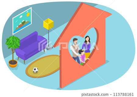 3D Isometric Flat  Conceptual Illustration of Family Home. 113788161