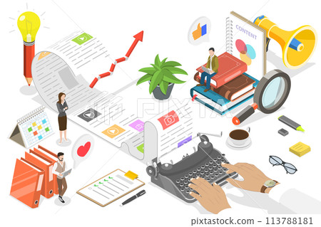 3D Isometric Flat  Conceptual Illustration of Engaging Content Creating. 113788181