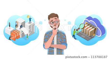 3D Isometric Flat Conceptual Illustration of Paper VS Digital Documents. 3D Isometric Flat Conceptual Illustration of Paper VS Digital Documents. 113788187