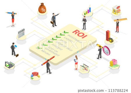 3D Isometric Flat  Conceptual Illustration of ROI - Return on Investment 113788224