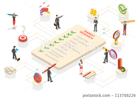3D Isometric Flat  Conceptual Illustration of Market Research Strategy 113788226