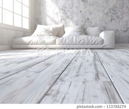 Bright Scandinavian interior with white plush sofa and rustic wooden floors 113788274