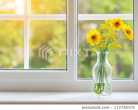 Sunflowers in Vase on Window Sill 113788370
