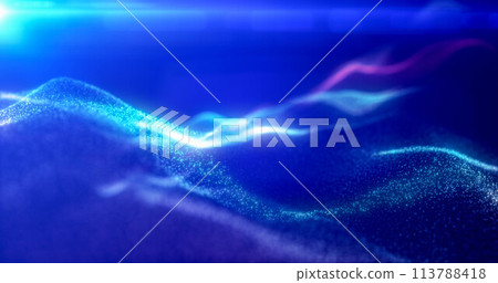 Rainbow energy glowing magic waves from particles of lines with light rays. Abstract background 113788418