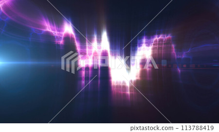 Purple energy glowing magical musical dancing equalizer made from waves and electric charges lightning high-tech digital lines and energy particles. Abstract background Purple energy glowing magical musical dancing equalizer made from waves and electric charges lightning high-tech digital lines and energy particles. Abstract background 113788419