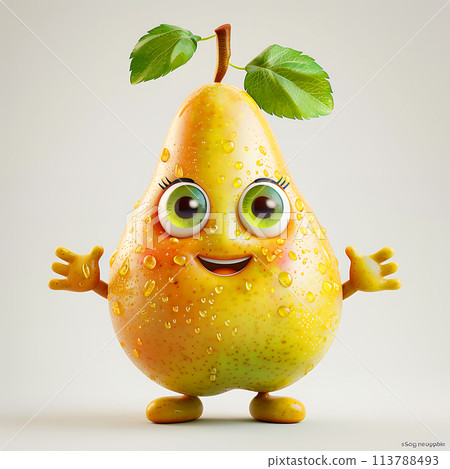 Funny cute pear with hands and eyes, 3d illustration on a white background, for advertising and design of fruit jam and dishes 113788493