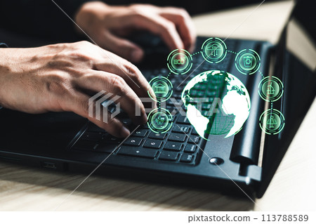 person use software to save energy,and reduce global warming,climate change,ecology friendly investment,ESG environment social governance,Green Business Innovation and Sustainable Development concept. 113788589