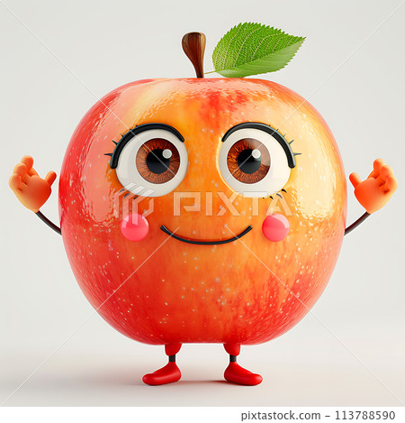 Funny cute apple with hands and eyes, 3d illustration on a white background, for advertising and design of fruit jam and dishes 113788590
