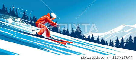 Winter sports scene, a skier descends a snowy mountain with speed under a clear blue sky, with pine trees blurred by movement 113788644