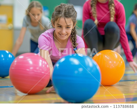 Physical education class in a school gym, kids playing dodgeball, teacher supervising, educational and fun Physical education class in a school gym, kids playing dodgeball, teacher supervising, educational and fun 113788688