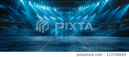 Professional sports arena at night, bright stadium lights, empty seats foreshadow upcoming excitement Professional sports arena at night, bright stadium lights, empty seats foreshadow upcoming excitement 113788689