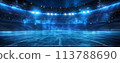 Professional sports arena at night, stadium lights shining brightly, empty seats hinting at upcoming excitement 113788690