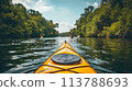 Kayaking on a serene river, surrounded by greenery under a clear blue sky, captured in mid-action shot 113788693