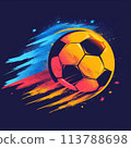 Minimalistic sports logo design featuring bold geometric shapes and contrasting colors, representing a soccer ball in motion 113788698
