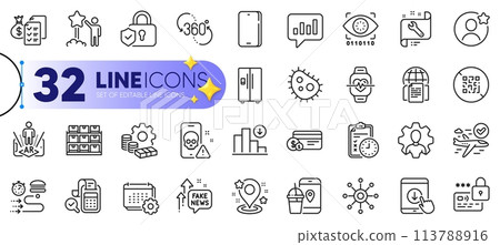 Outline set of Lock, Accounting wealth and Internet documents line icons for web with Scroll down, Fake news, Cardio training thin icon. Cyber attack, 360 degree. Design with yellow 3d stars. Vector Outline set of Lock, Accounting wealth and Internet documents line icons for web with Scroll down, Fake news, Cardio training thin icon. Cyber attack, 360 degree. Design with yellow 3d stars. Vector 113788916