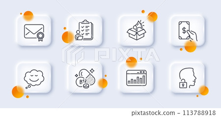 Cobalamin vitamin, Checklist and Marketing statistics line icons pack. 3d glass buttons with blurred circles. Speech bubble, Verified mail, Unlock system web icon. Vector Cobalamin vitamin, Checklist and Marketing statistics line icons pack. 3d glass buttons with blurred circles. Speech bubble, Verified mail, Unlock system web icon. Vector 113788918
