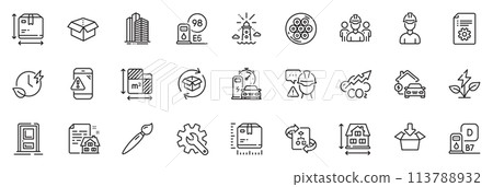 Icons pack as Co2, Open box and Skyscraper buildings line icons for app include Builder warning, Package size, Eco power outline thin icon web set. Brush, Technical documentation. Vector 113788932
