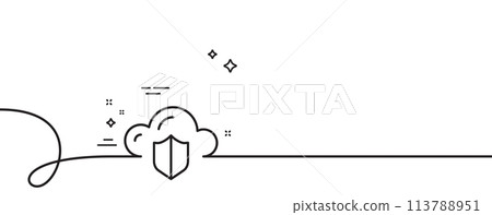 Cloud computing protection line icon. Continuous one line with curl. Internet data storage sign. File hosting technology symbol. Cloud protection single outline ribbon. Loop curve pattern. Vector 113788951