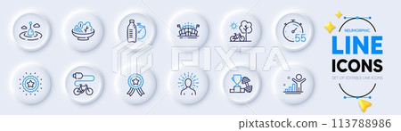 Winner ribbon, Sports arena and Salad line icons for web app. Pack of Timer, Winner star, Bicycle pictogram icons. Fishing float, Fitness water, Electric bike signs. Yoga, Dumbbell. Best award. Vector 113788986