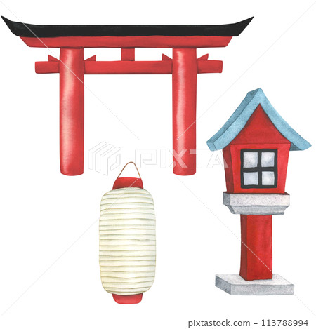 Japanese Paper Lantern, traditional Red Wooden Lantern and Torii Gate. Hand drawn Watercolor illustration. Japanese architecture and religion concept Landscape design element of national Japan, China 113788994
