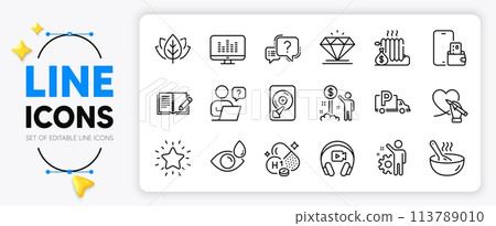 Online question, Truck parking and Diamond line icons set for app include Vitamin h1, Income money, Music making outline thin icon. Cook, Organic tested, Radiator pictogram icon. Hdd. Vector Online question, Truck parking and Diamond line icons set for app include Vitamin h1, Income money, Music making outline thin icon. Cook, Organic tested, Radiator pictogram icon. Hdd. Vector 113789010