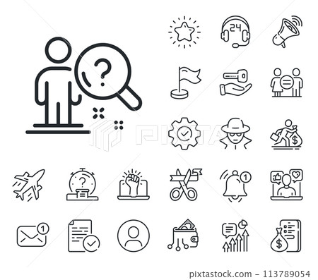 Interview candidate sign. Salaryman, gender equality and alert bell outline icons. Search employee line icon. Question mark symbol. Search employee line sign. Spy or profile placeholder icon. Vector 113789054