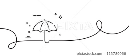 Umbrella line icon. Continuous one line with curl. Rain defence sign. Safe insurance symbol. Umbrella single outline ribbon. Loop curve pattern. Vector Umbrella line icon. Continuous one line with curl. Rain defence sign. Safe insurance symbol. Umbrella single outline ribbon. Loop curve pattern. Vector 113789066