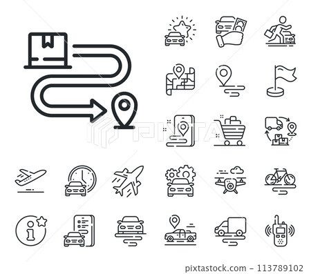 Package location sign. Plane, supply chain and place location outline icons. Delivery service line icon. Tracking parcel symbol. Delivery service line sign. Taxi transport, rent a bike icon. Vector 113789102