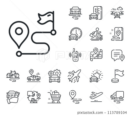 Road path sign. Plane, supply chain and place location outline icons. Journey line icon. Route map distance symbol. Journey line sign. Taxi transport, rent a bike icon. Travel map. Vector 113789104